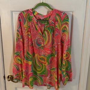 Lilly Pulitzer Pink Yellow Green Elsa Silk Top Blouse Multi Size XL